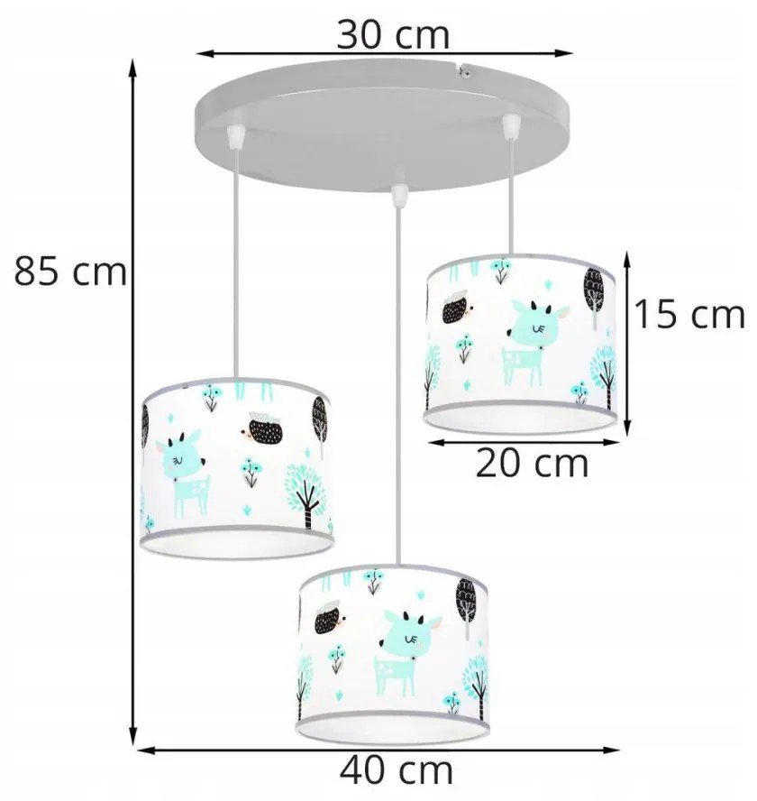 Detské Závesné svietidlo Bambi, 3x textilné tienidlo so vzorom, (výber z 2 farieb konštrukcie), o