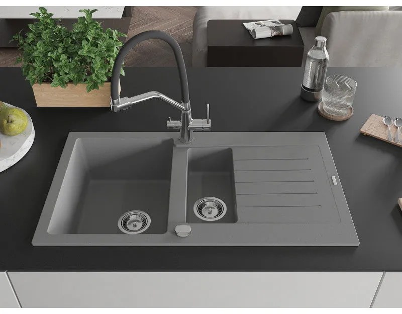 Mexen Matias, 1,5-komorový granitový drez 900x505x200 mm a drezová batéria Duo, šedá, 6502-71-671701-07