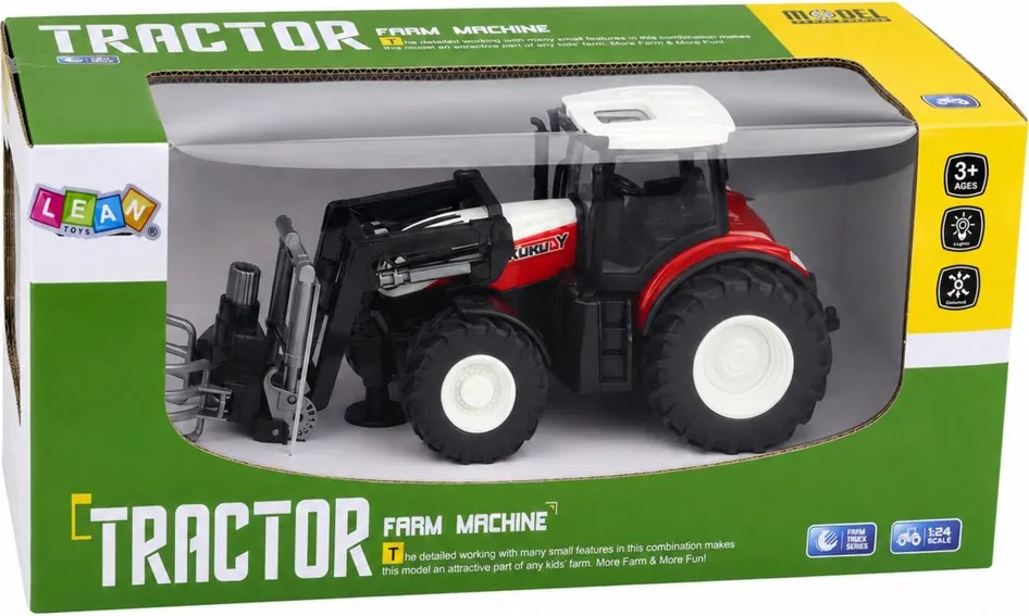 LEAN Toys Poľnohospodársky traktor s držiakom na balíky, diaľkovo ovládaný RC, červený, mierka 1:24
