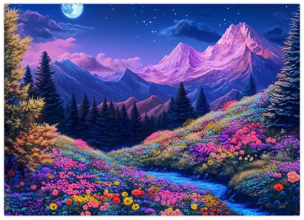 Sklenený obraz - Fialová krajina pri úplnku (70x50 cm)