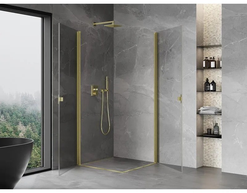 Mexen Mist-B Duo, 2-krídlový výklopný sprchový kút 80 x 80 cm, číre sklo, zlatý matný profil, 8A2-080-080-55-00