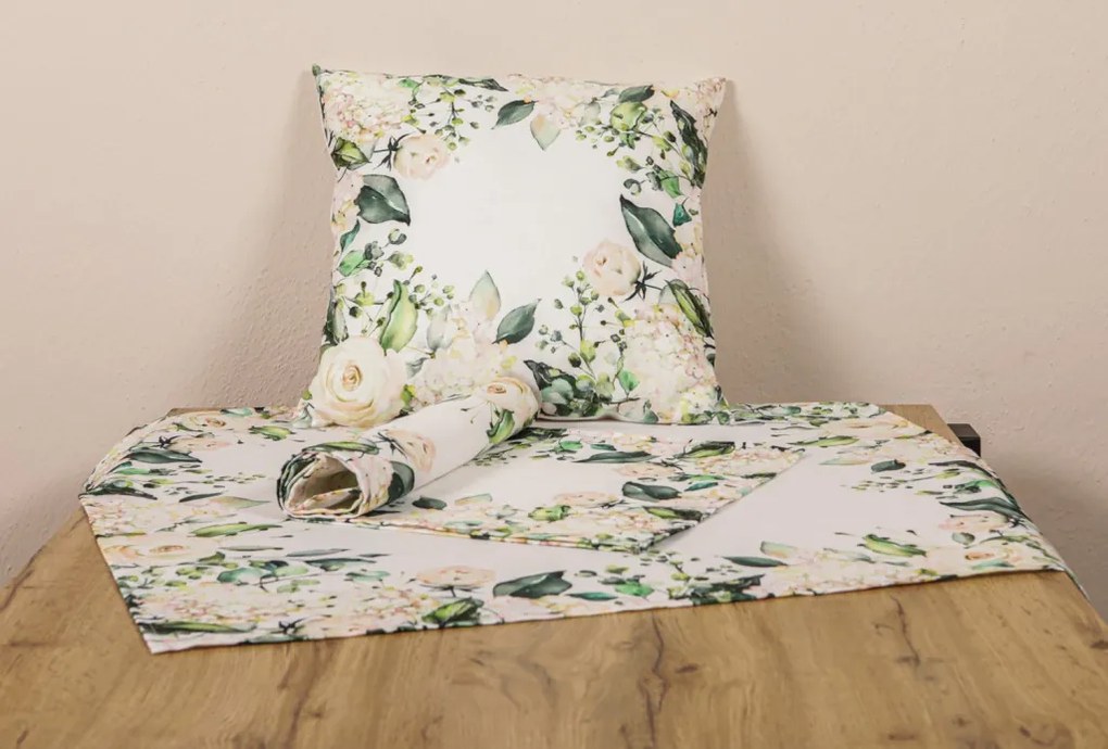 Behúň na stôl Biele ruže a hortenzie, 150x40 cm