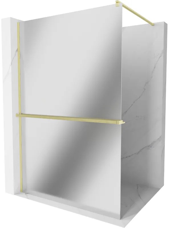 Mexen Kioto+, sprchová zástena Walk-In s poličkou a vešiakom 90 x 200 cm, 8mm sklo vzor zrkadlo, zlatý matný profil, 800-090-121-55-50