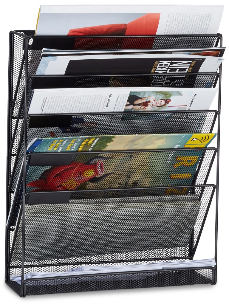 Nástenný organizér na časopisy a dokumenty Relaxdays RD2508 – čierny, 6 priehradiek A4