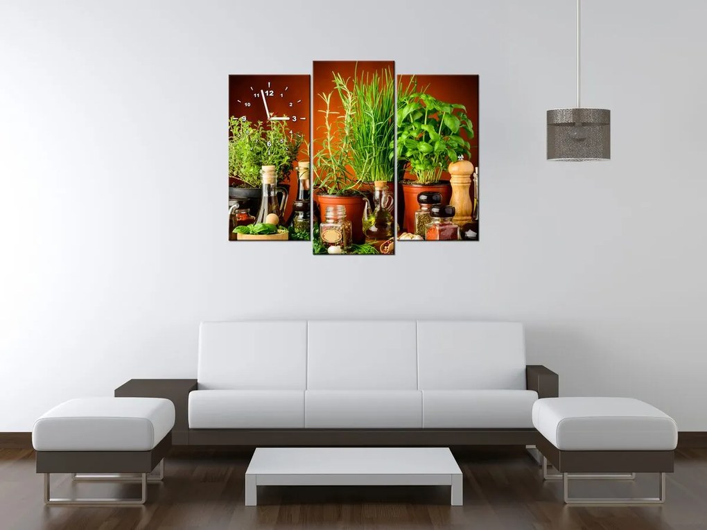 Gario Obraz s hodinami Zeleninové prísady - 3 dielny Rozmery: 30 x 90 cm