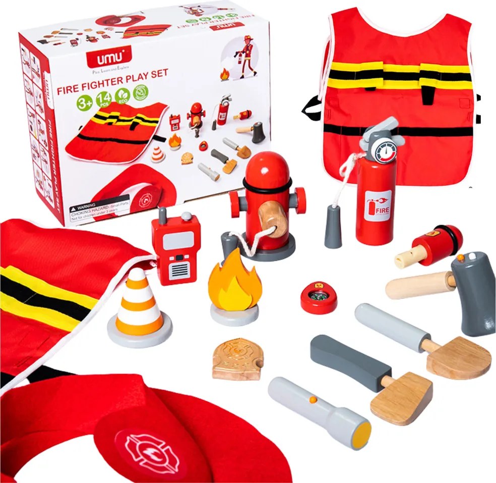 LEAN Toys Súprava pre malého hasiča – kostým a hasičské doplnky z dreva, 14 dielov