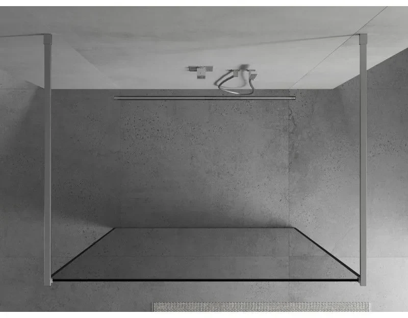 Mexen Kioto, priechodná sprchová zástena 110 x 200 cm, 8mm sklo číre/čierny vzor, 2x chrómová stabilizačná rozpera, 800-110-002-01-70