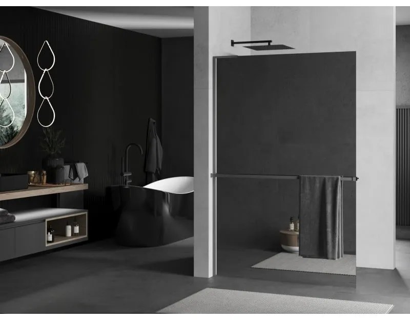 Mexen Kioto+ L, sprchová zástena Walk-In s poličkou a vešiakom 110 x 200 cm, 8mm sklo vzor zrkadlo, grafitový profil, 800-110-123-95-50