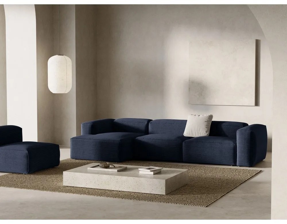 Tmavomodrá menčestrová rohová pohovka (ľavý roh/s leňoškou) Bergamo – Cosmopolitan Design