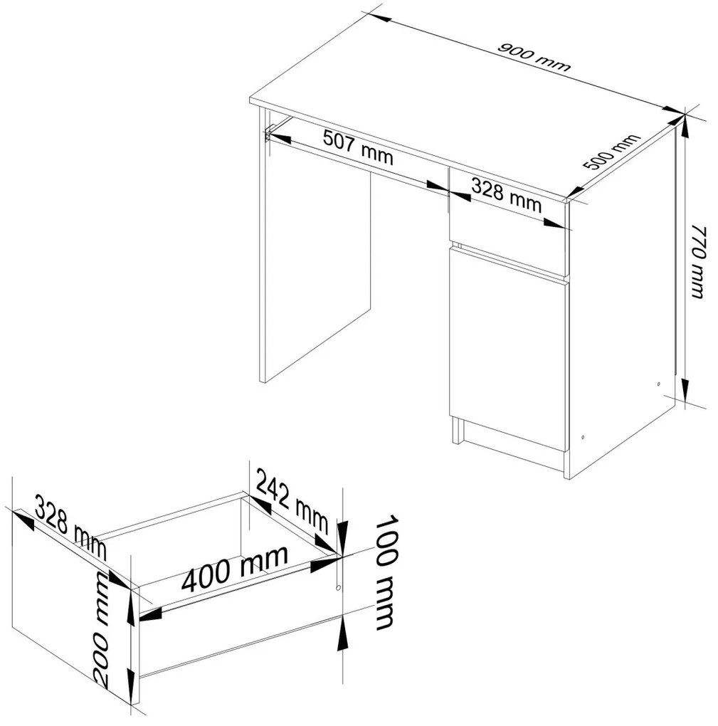 Písací stôl 90 cm Piksel biely pravý lesk