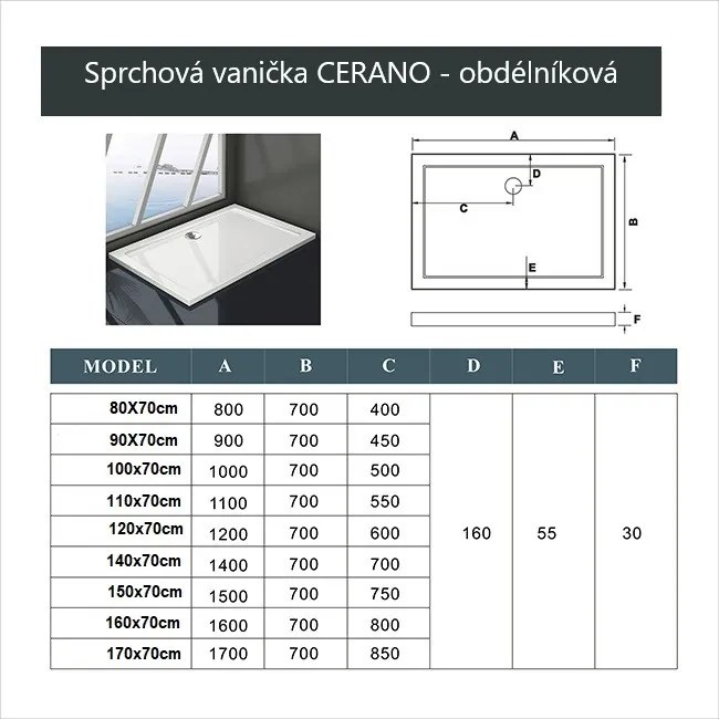 Cerano Piato, obdĺžniková sprchová vanička z liateho mramoru 120x70 cm, biela matná, CER-CER-476969