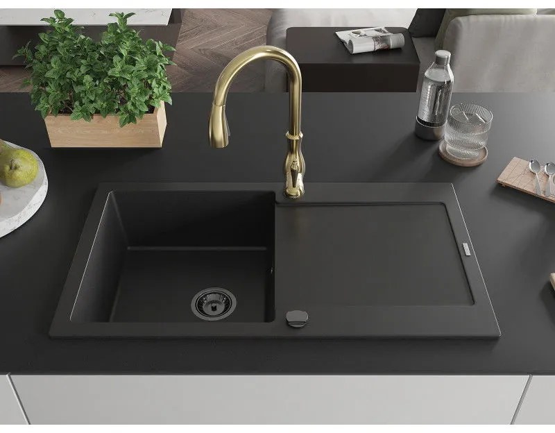 Mexen Leo, 1-komorový granitový drez 900x500x190 mm a drezová batéria Savita, čierna, 6501-77-672601-50-B