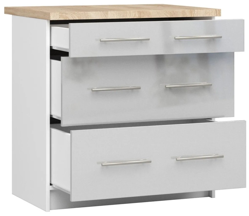 Kuchynská skrinka Olivie S 80 cm 3S biela/metalický lesk/dub sonoma