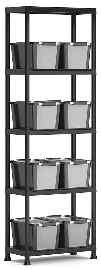 Plastový regál, 5 políc, 174x60x30 cm + 8 plastových boxov S