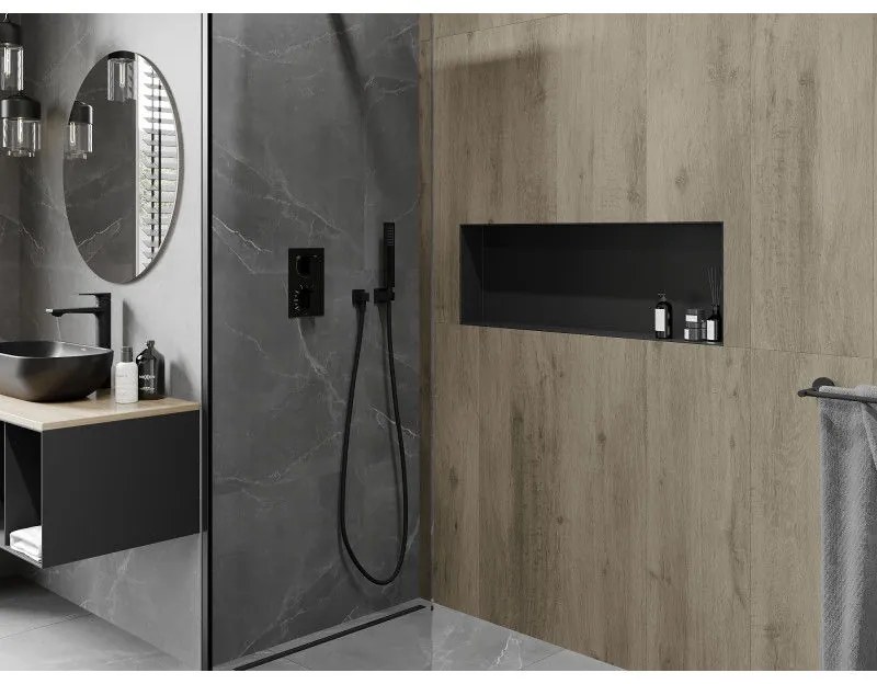 Mexen X-Wall-NR, polička na zapustenie pod obklad bez goliera 90 x 30 cm, čierna matná, 1971903010