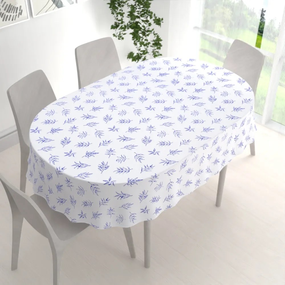 Biante Teflónový oválny obrus TF-114 Modré olivové vetvičky na bielom 80x120 cm