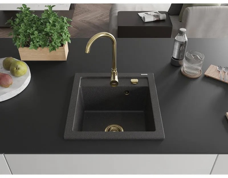 Mexen Vito, 1-komorový granitový drez 520x490x210 mm, zlatá batéria Telma, čierna škvrnitá, 6503-76-670200-50