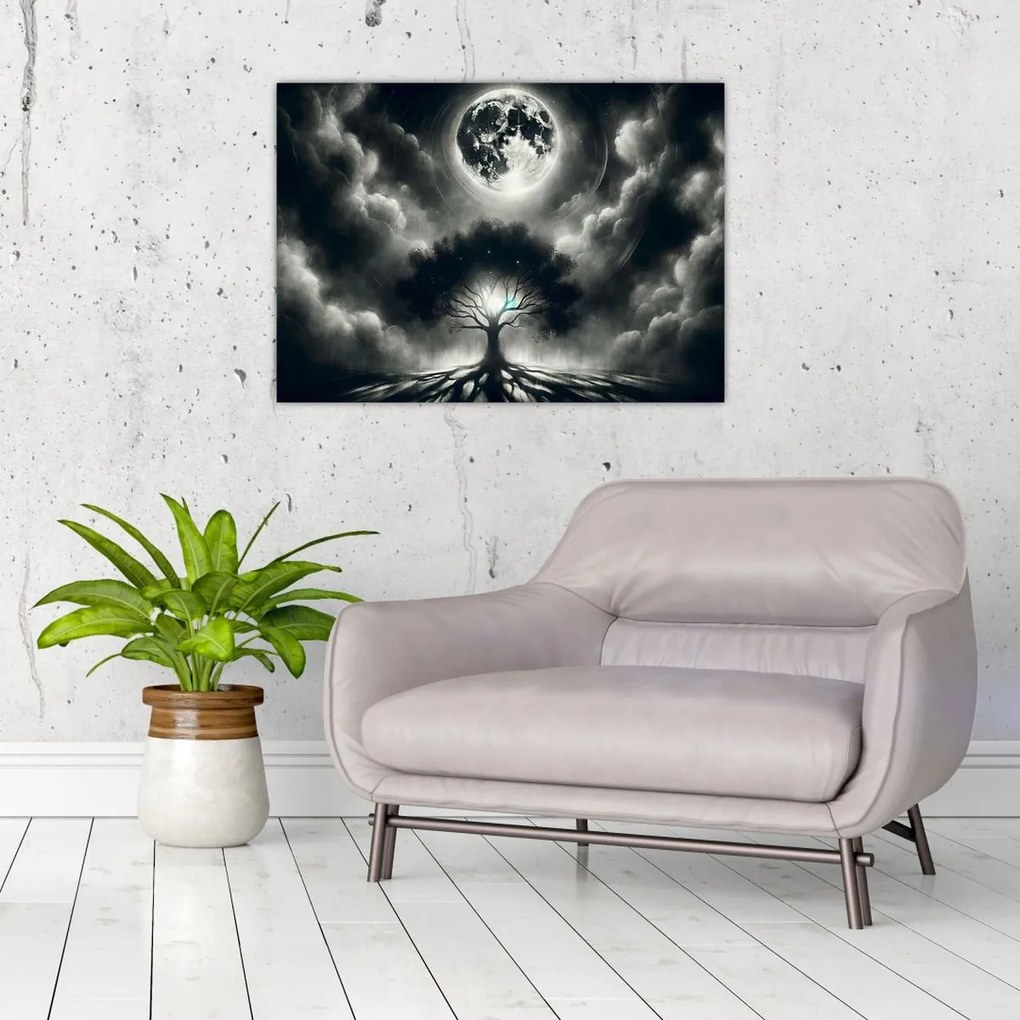 Obraz – Čiernobiely strom v splne (70x50 cm)