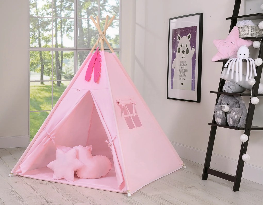Bobono Stan Teepee pre deti + hracia podložka + vankúše + ozdobné perie - ružový