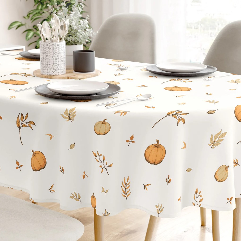Goldea oválny obrus 100% bavlnené plátno - jesenné tekvice a lístky 120 x 160 cm
