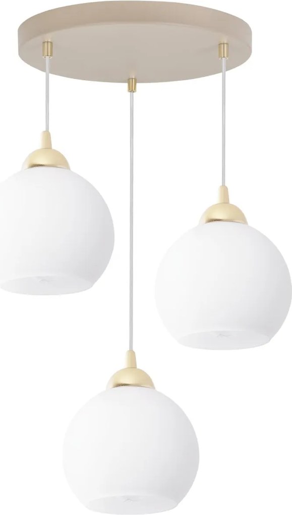 Závesné svietidlo Eliza, 3x biele sklenené tienidlo, g/be, o