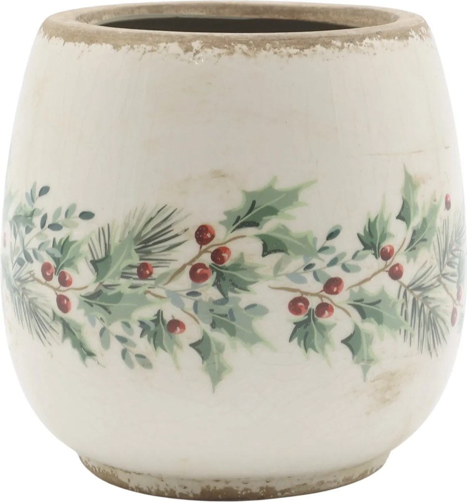 Béžový keramický kvetináč s cezmínou Holly Christmas Antique – Ø 15*14,5 cm