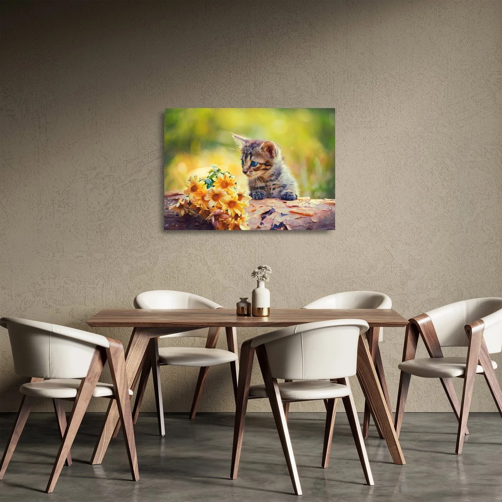 Sklenený obraz mačiatka pozerajúce sa na kvetinu (70x50 cm)