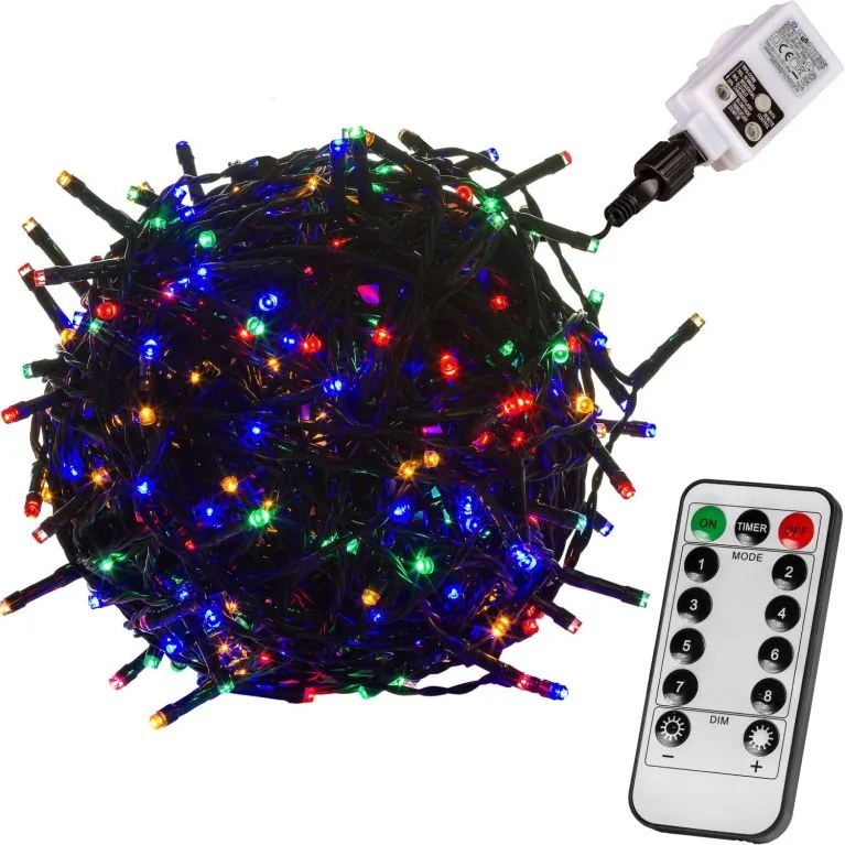 Vianočné LED osvetlenie 20 m - farebná 200 LED + ovládač - zelený kábel