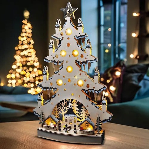 Solight LED drevený vianočný stromček s dekoráciami, 23x LED, 64 cm, 2x AA
