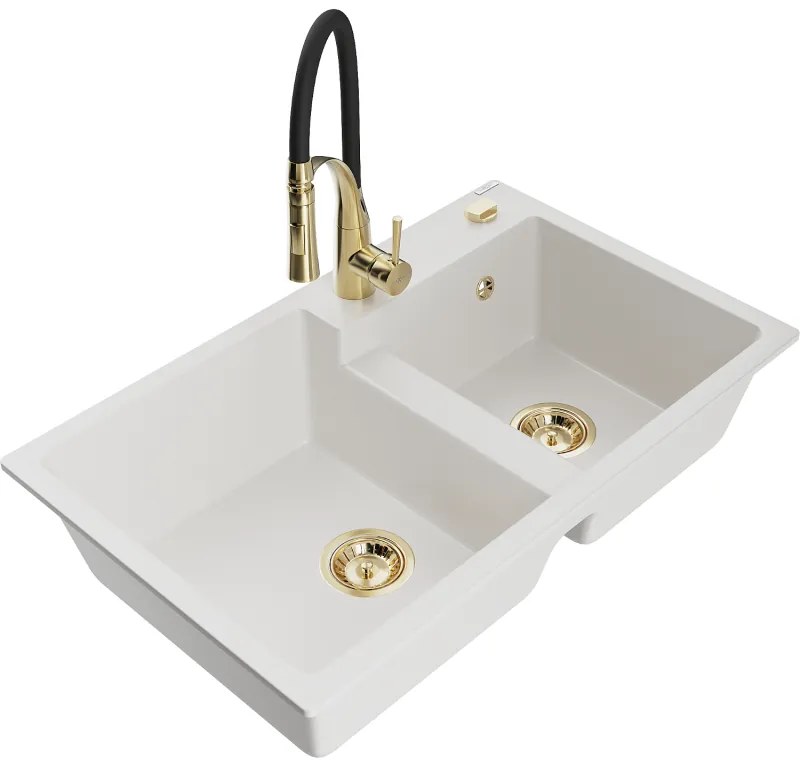 Mexen Tomas, 2-komorový granitový drez 800x500x190 mm a drezová batéria Aster, biela, 6516-20-73450-57-G