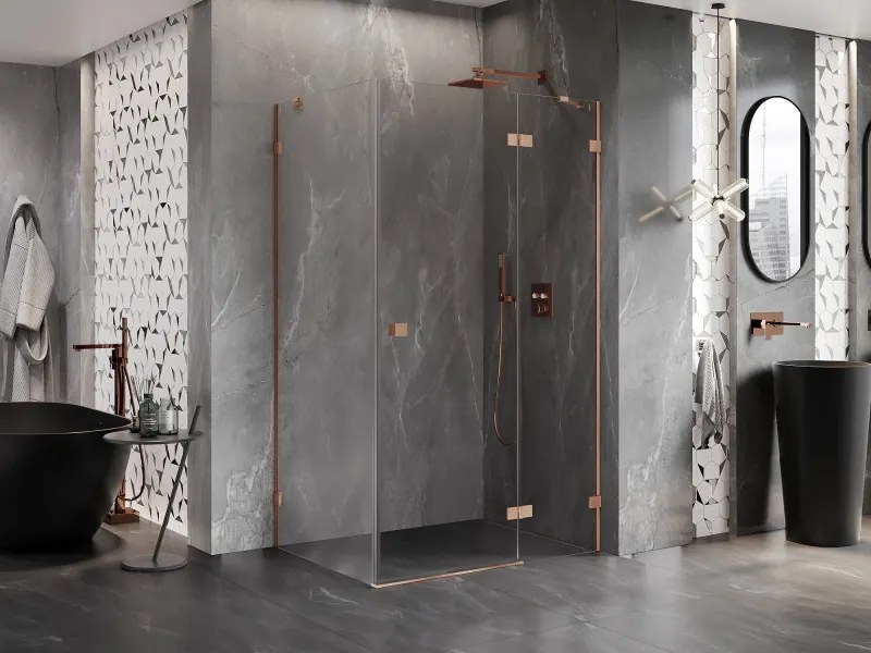 Mexen Lunar, pravostranný výklopný sprchový kút 75 x 80 cm, 8mm číre sklo, medený matný profil, 834-075-080-65-00-P