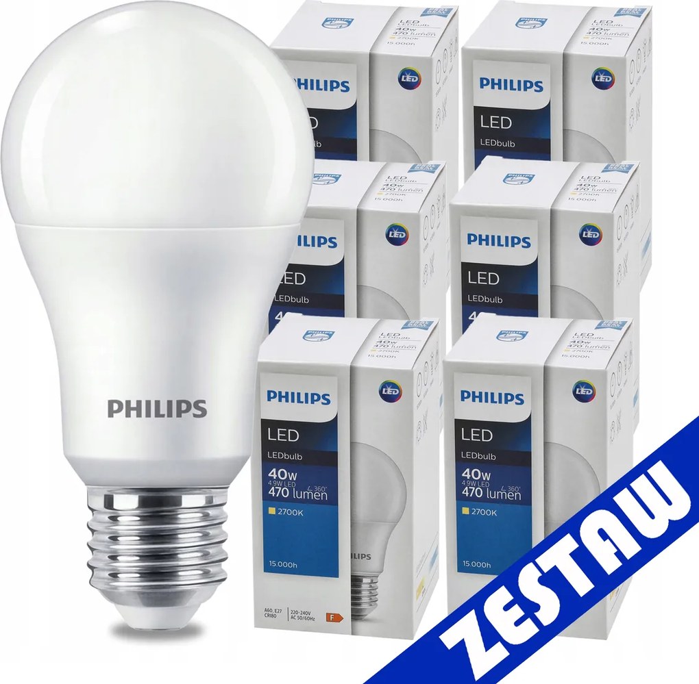 SADA 6 ks LED žiaroviek PHILIPS E27 4,9W 470 lm - tepla biela