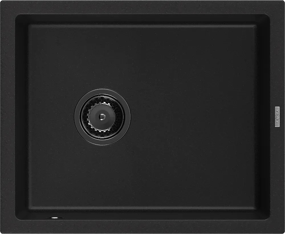 Mexen Pedro, granitový drez 560x460x200 mm, 1-komorový, čierna s čiernym sifónom, 6508561000-77-B