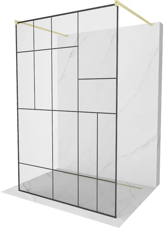 Mexen Kioto, sprchová zástena Walk-In 130 x 200 cm, 8mm sklo čierny vzor, zlatý matný profil, 800-130-002-55-78