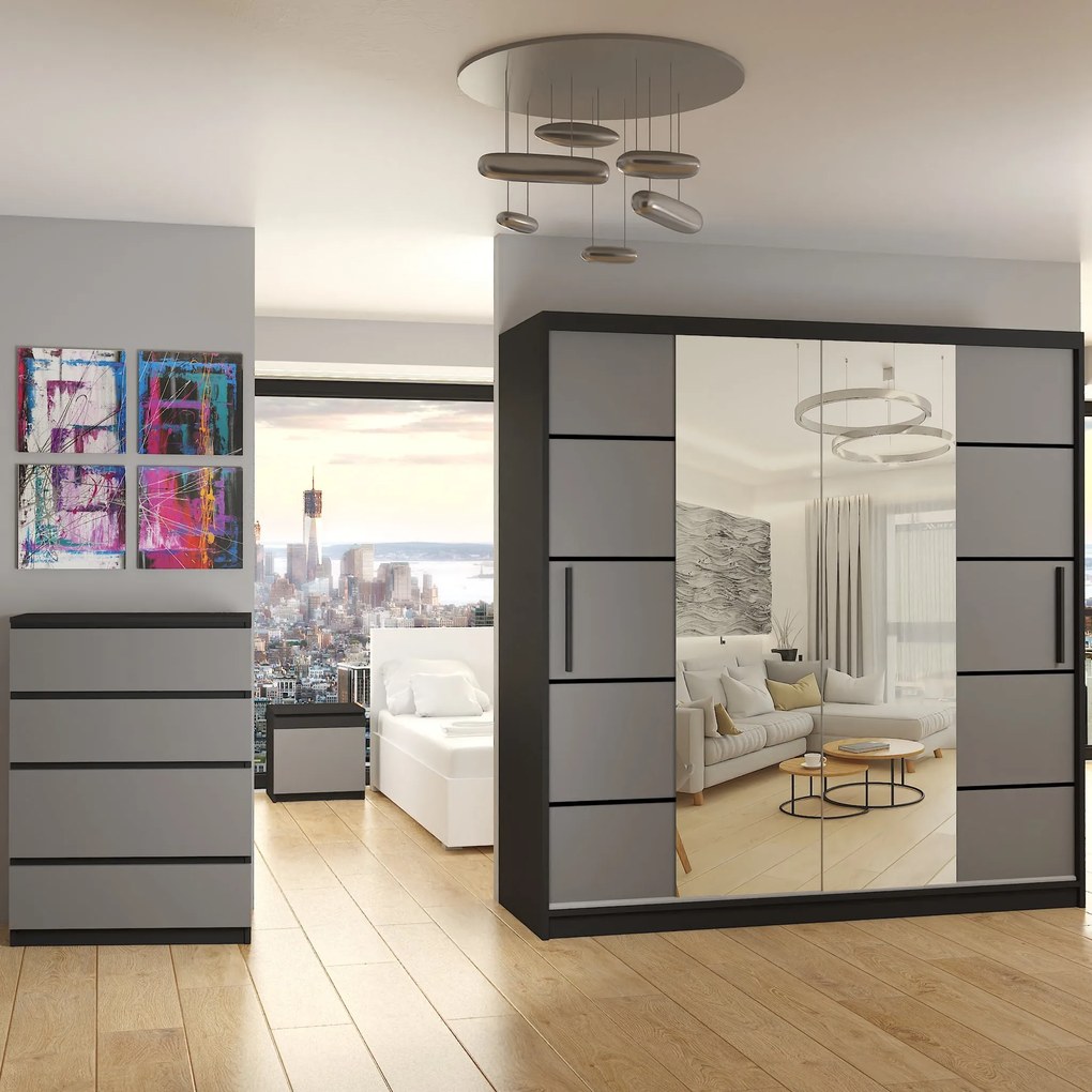 Šatníková skriňa 200 cm Belini čierny mat / šedý mat s posuvnými dverami zrkadlom a zásuvkami  ME SZP5/1/B/SR/0/KLP