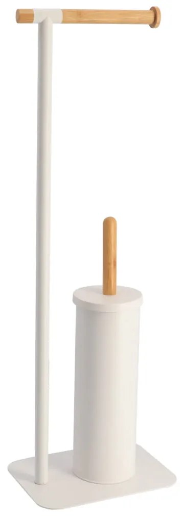 Stojan na toaletný papier a WC kefu White Bamboo, biela/s drevenými prvkami