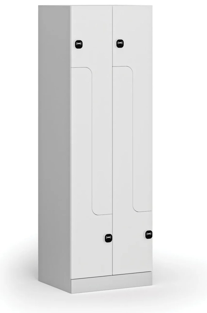 Kovová šatníková skrinka Z, 4 oddiely, 1850 x 600 x 500 mm, demont, zámok s čítačkou RFID kariet, laminované dvere, biela