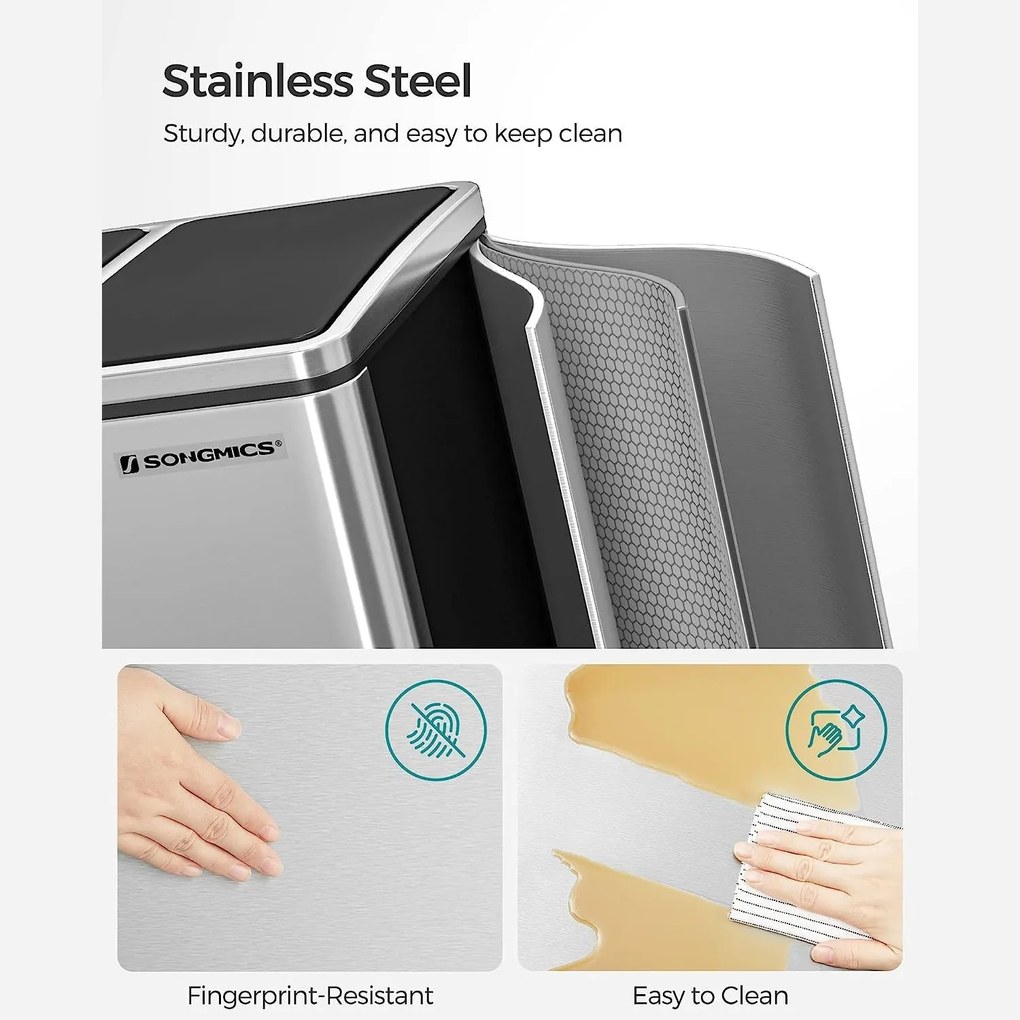 Odpadkový kôš, kôš na separovaný odpad, 54 litrov 3 x 18 L, strieborný