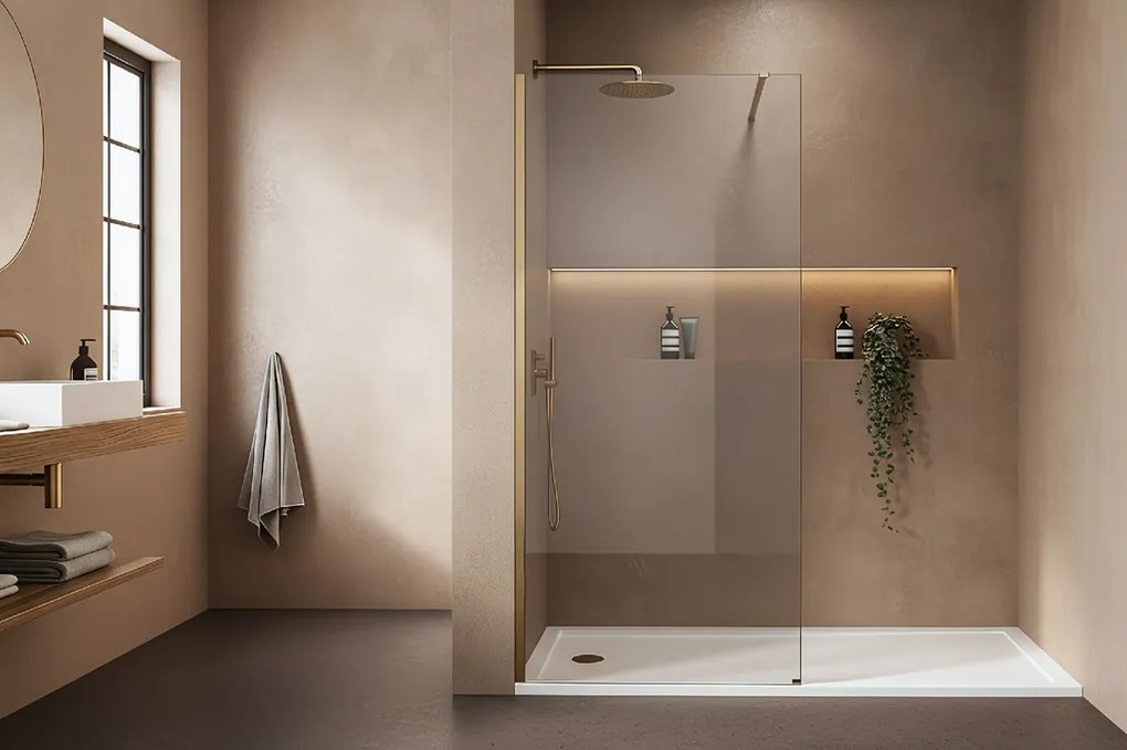 Bezrámová sprchová zastena REA FLEXI GOLD BRUSH 140 cm, zlatá kartáčovaná/transparent - bez vaničky