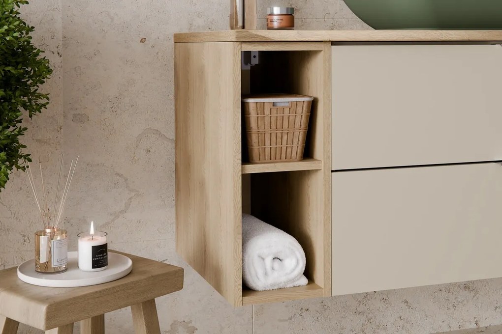 Závěsná skříňka pod umyvadlo Aster Nordic s deskou a regálem 80 cm bílá/dub cremona