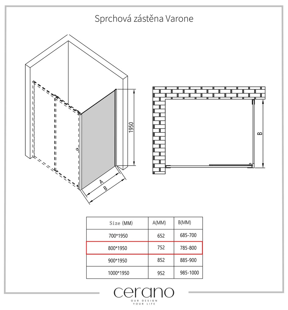 Cerano Varone, sprchovací kút s posuvnými dverami 110 (dvere) x 80 (stena) x 195 cm, 6mm šedé sklo, čierny profil, CER-CER-429610