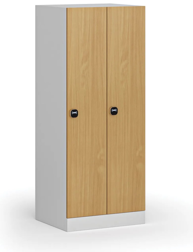 Šatníková skrinka znížená, 2 oddiely, 1500 x 600 x 500 mm, demont, zámok s čítačkou RFID kariet, laminované dvere, buk