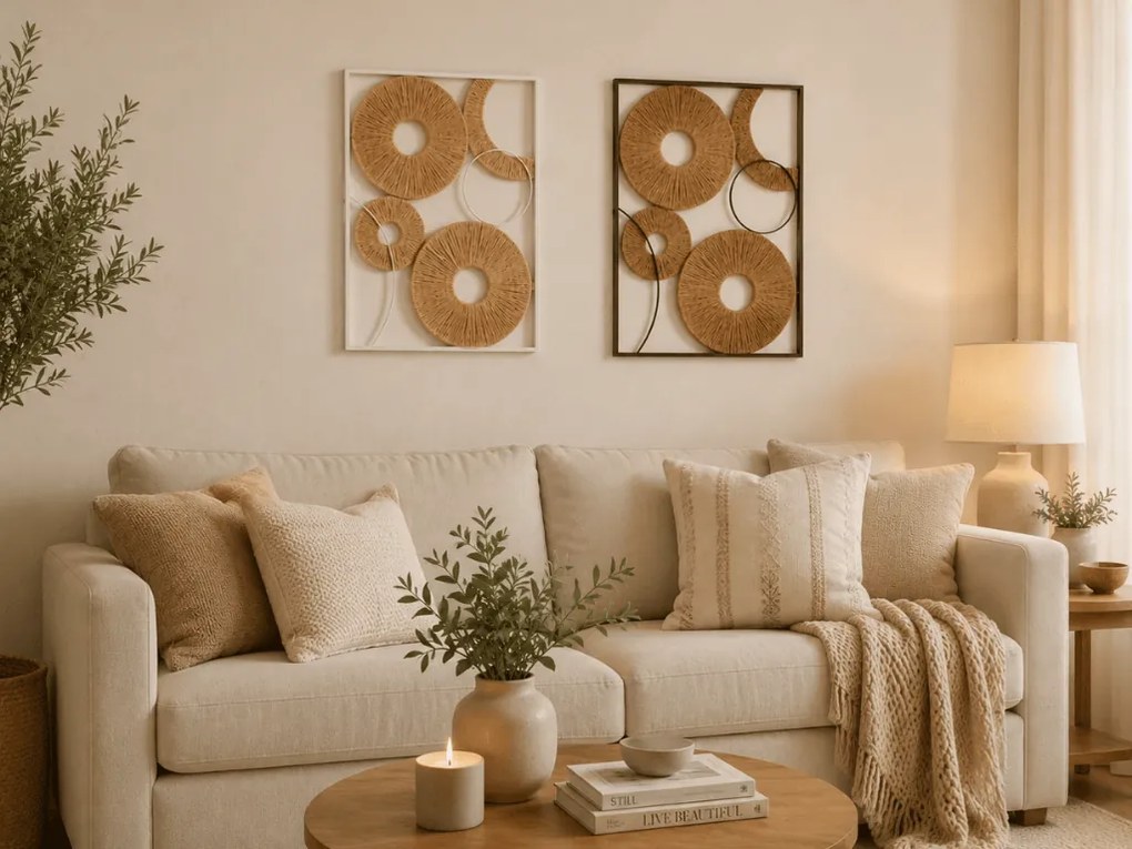 Sada 2 ks nástennej dekorácie CIRCLES kov 48x68 cm, hnedá / biela