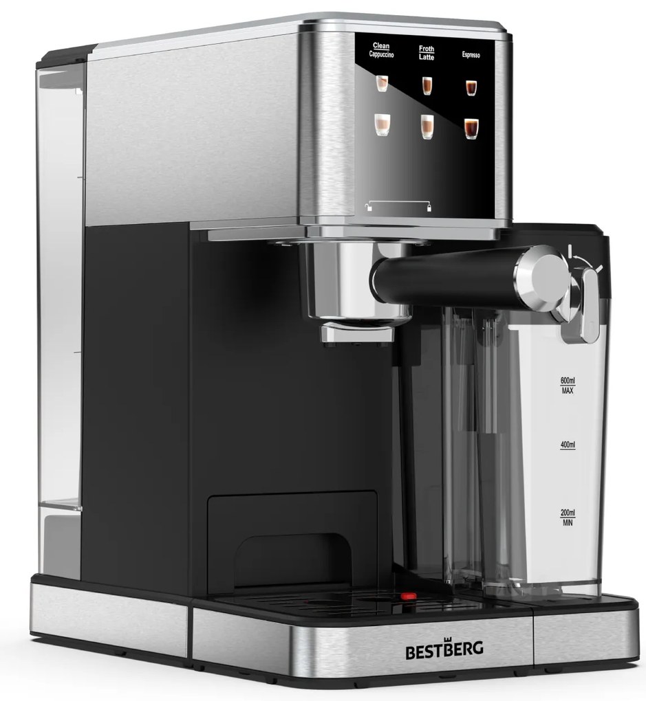 Pákový kávovar s napeňovačom mlieka BestBerg BBCF-2032 / 1350 W / 1,2 l / 20 bar / strieborná/čierna