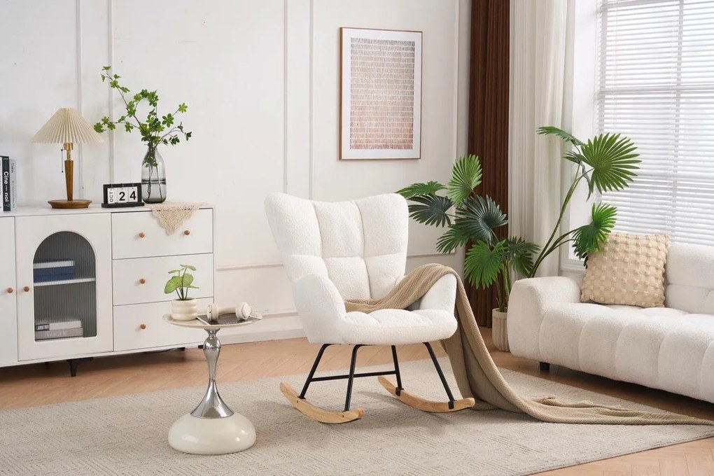 Hojdacie kreslo, relaxačné kreslo s plyšovým poťahom, bielej farby