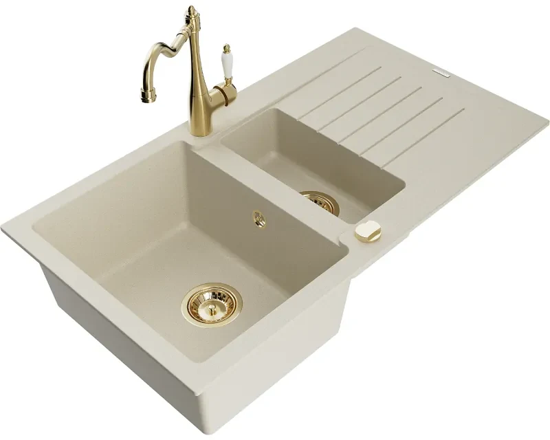 Mexen Matias, granitový drez 900x505x200 mm, 1,5-komorový a drezová batéria Carla, béžová, 6502-69-670700-50