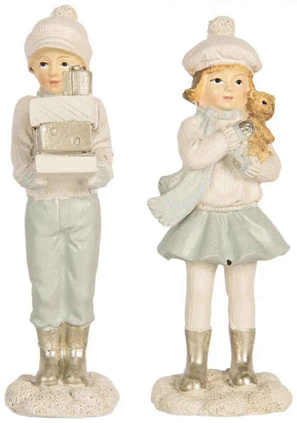 Béžová dekorácia dievča a chlapec s medvedíkom a darčekmi - 5*4*11 cm