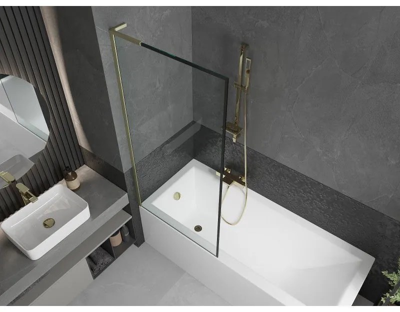 Mexen Next L, 1-krídlová vaňová zástena 80 x 150 cm, 6mm číre sklo-čierny vzor, zlatý matný profil, 895-080-000-03-70-55