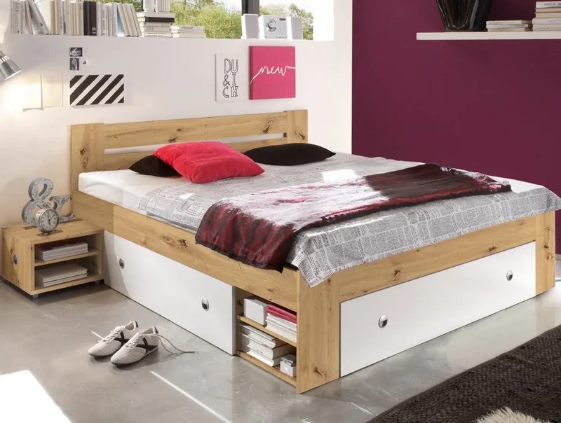 Posteľ s nočnými stolíkmi Stefan 140x200 cm, dub artisan/biela