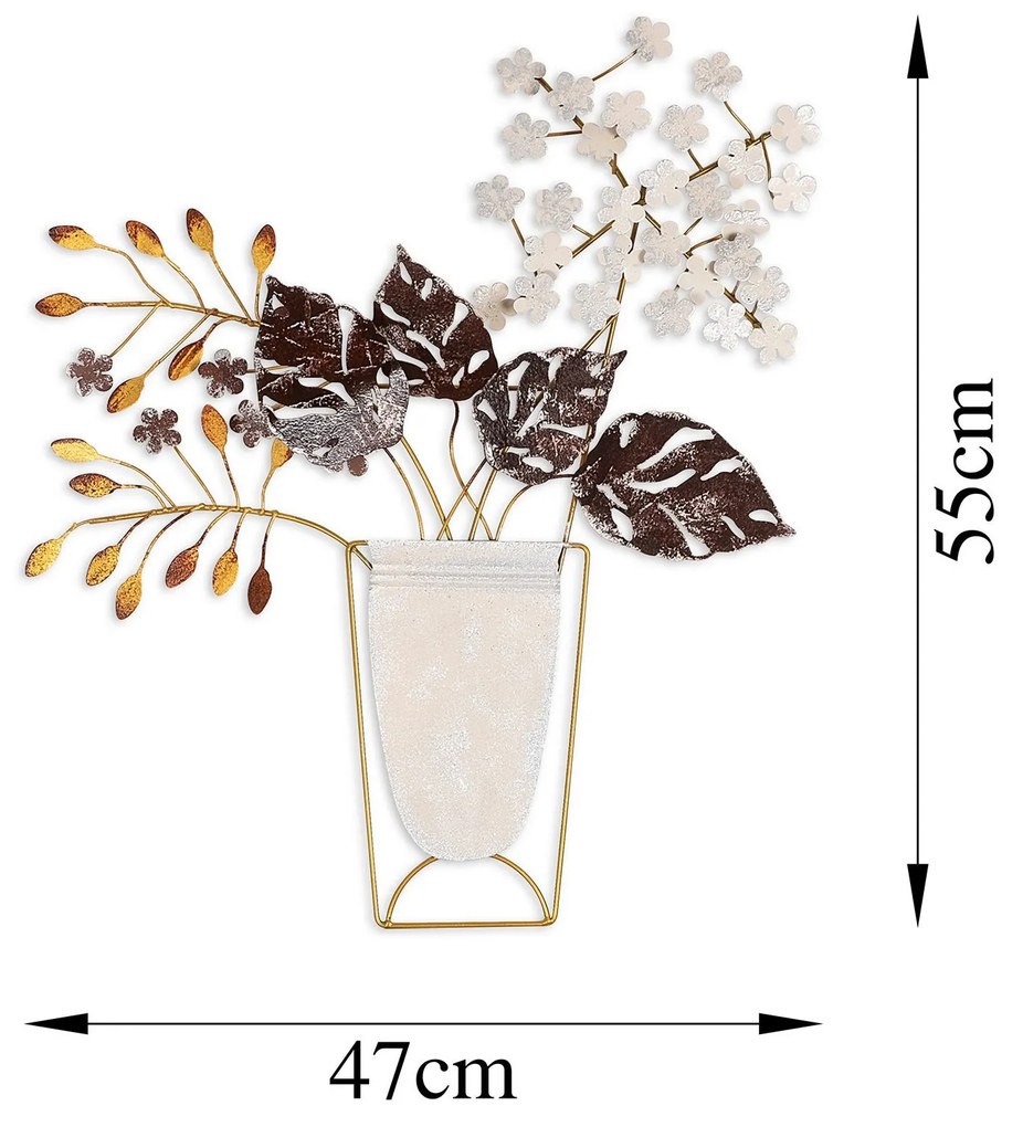 Nástenná kovová dekorácia Kvetiny v kvetináčoch viacfarebná